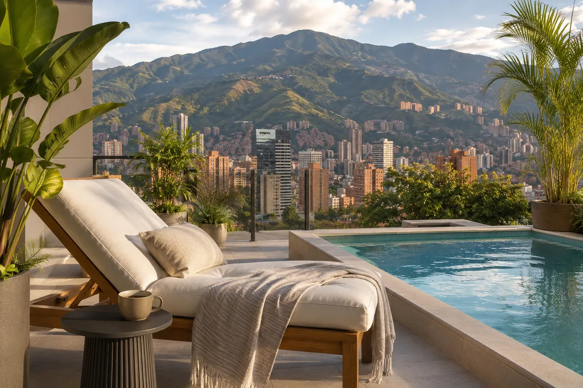 Rooftop terrace in Medellín with mountain views — perfect for post-surgery recovery